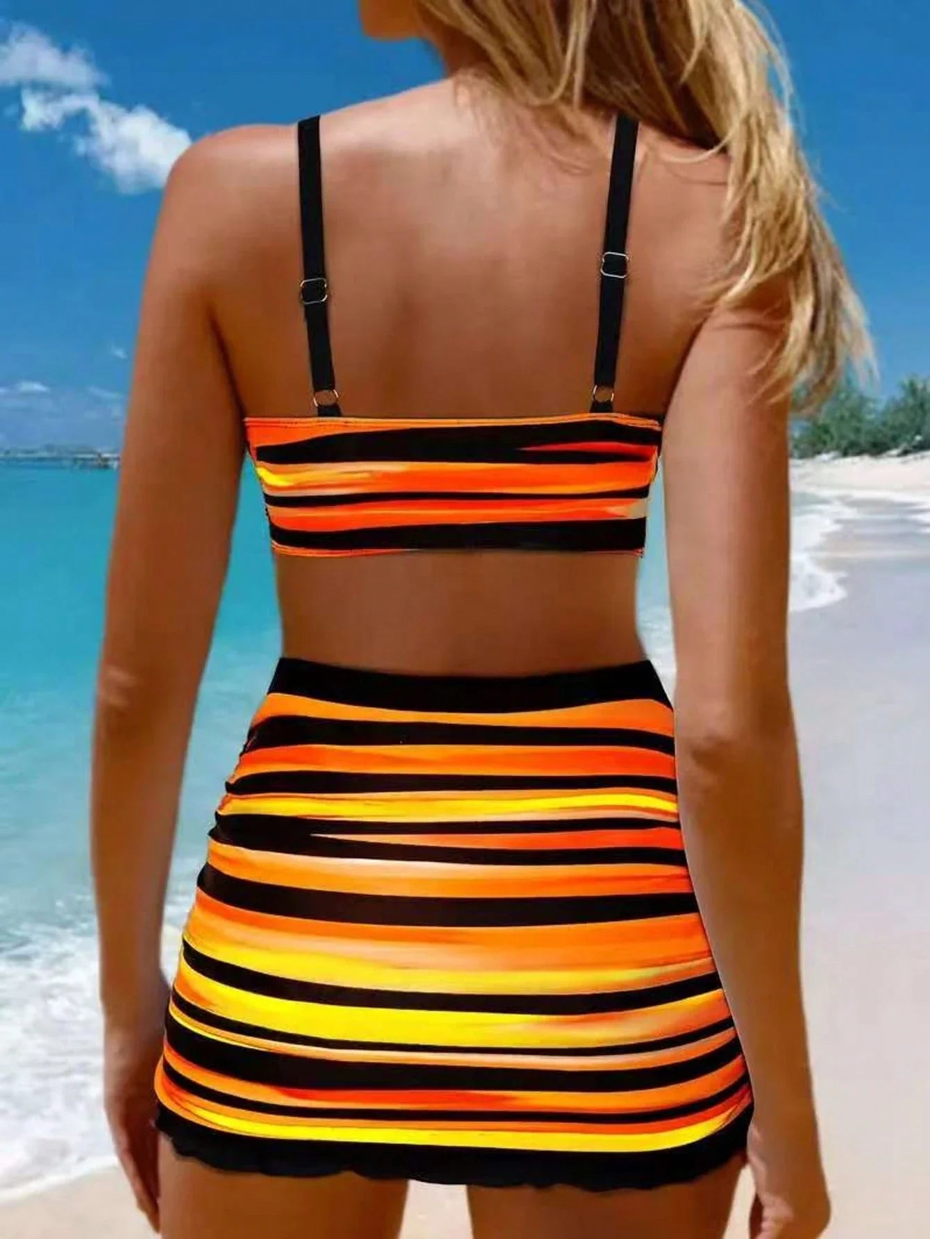 Conjunto Biquíni 3 Peças Verão Listrado