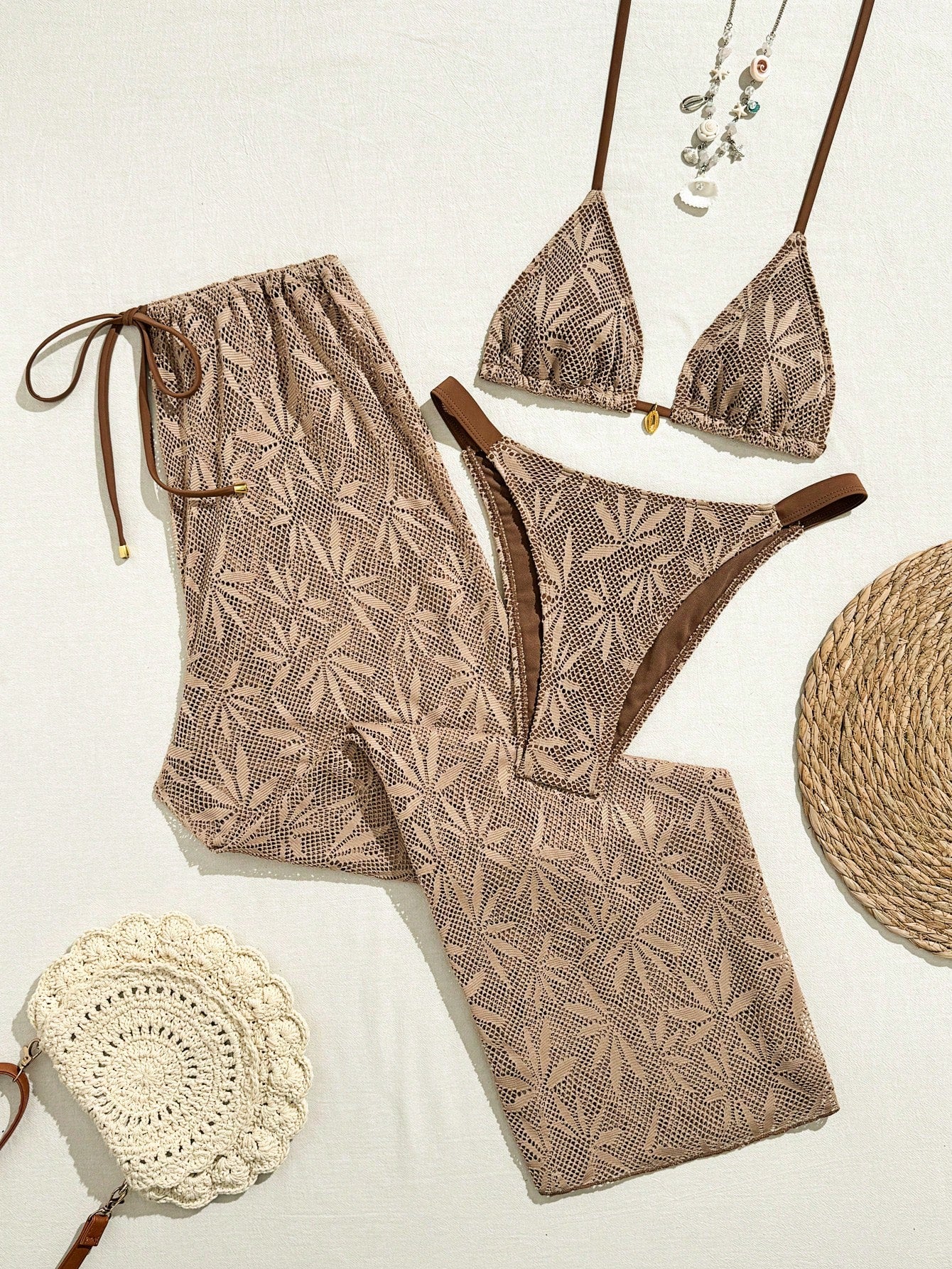 Conjunto Biquíni 3 Peças Renda Elegante Pérola