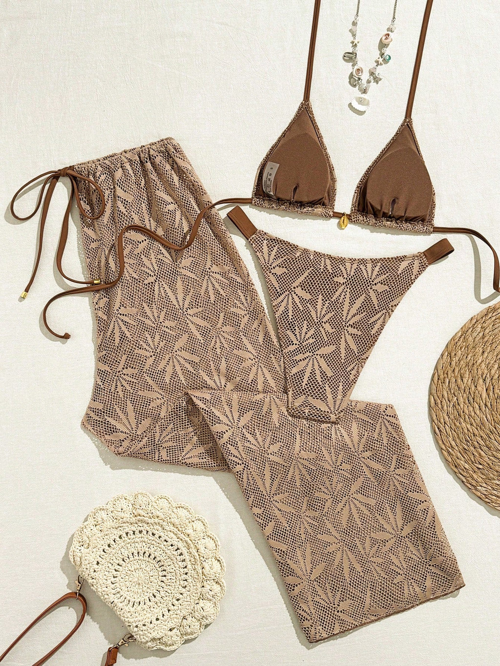 Conjunto Biquíni 3 Peças Renda Elegante Pérola