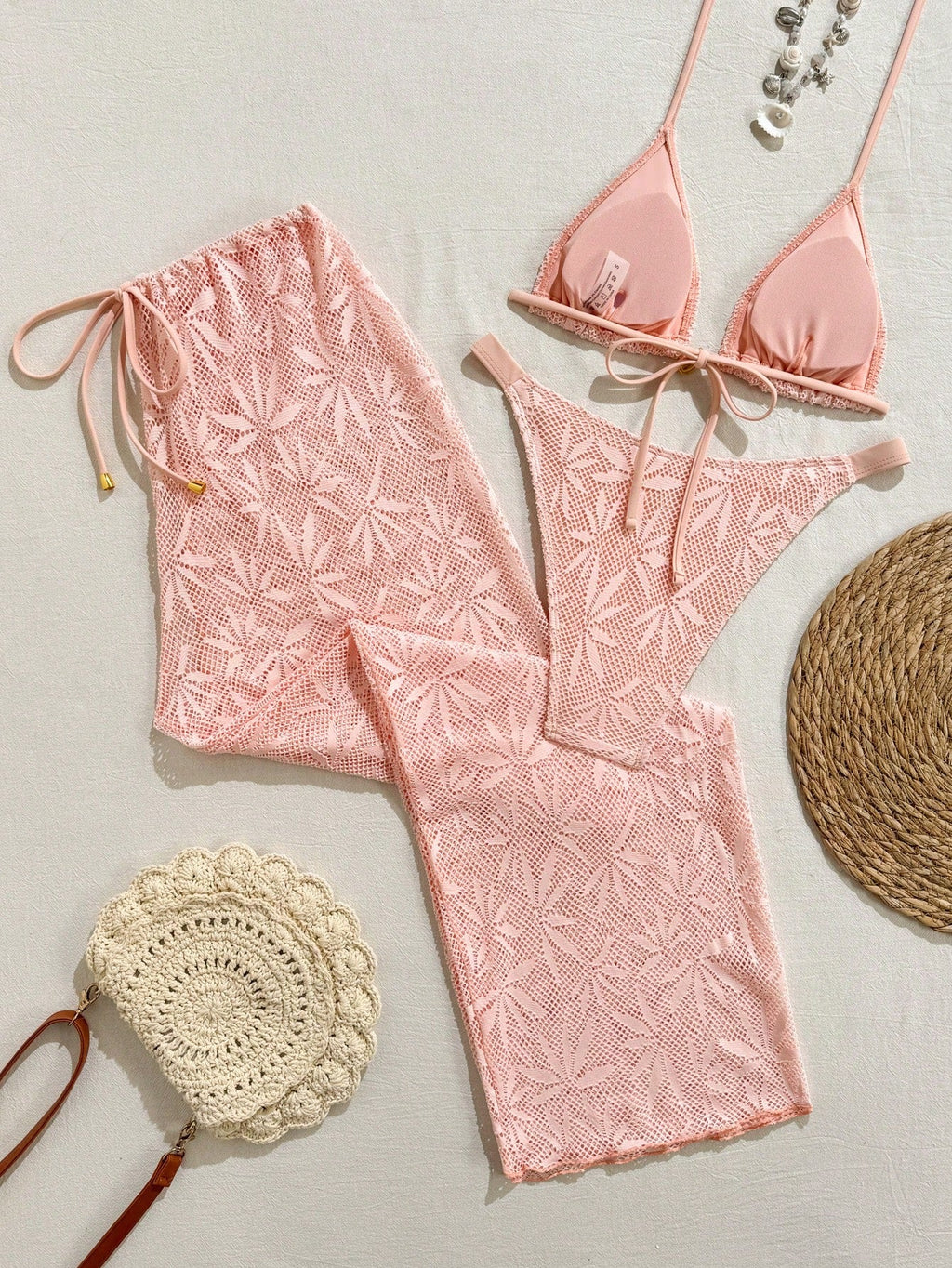Conjunto Biquíni 3 Peças Renda Elegante Pérola