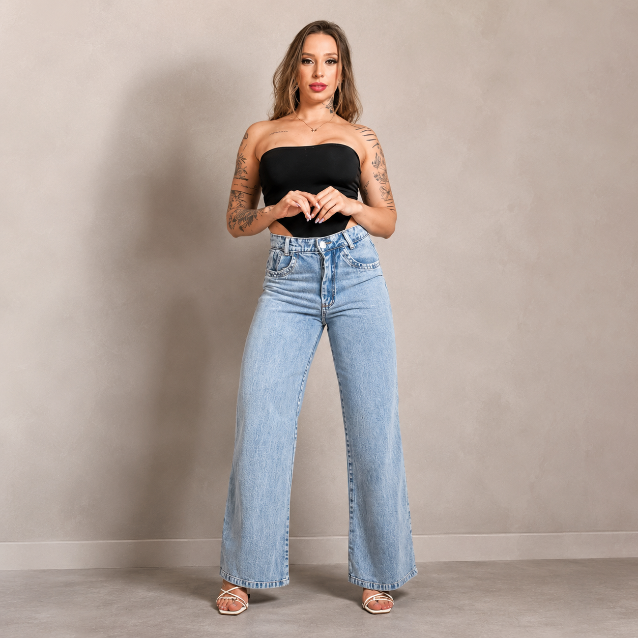 Calça Jeans Feminina Wide Leg Pantalona Cintura Alta