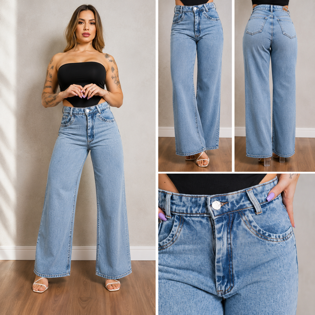 Calça Jeans Feminina Wide Leg Pantalona Cintura Alta
