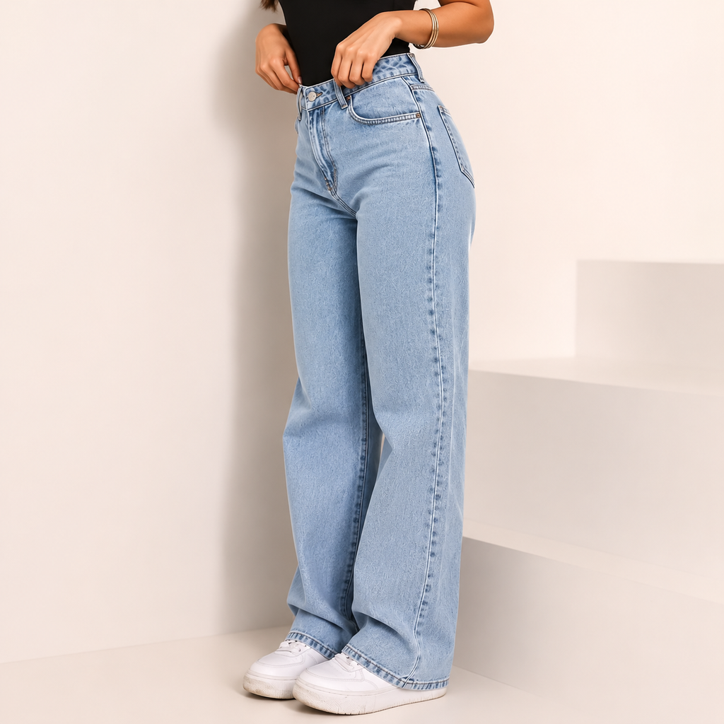 Calça Jeans Feminina Wide Leg Pantalona Premium Cintura Alta