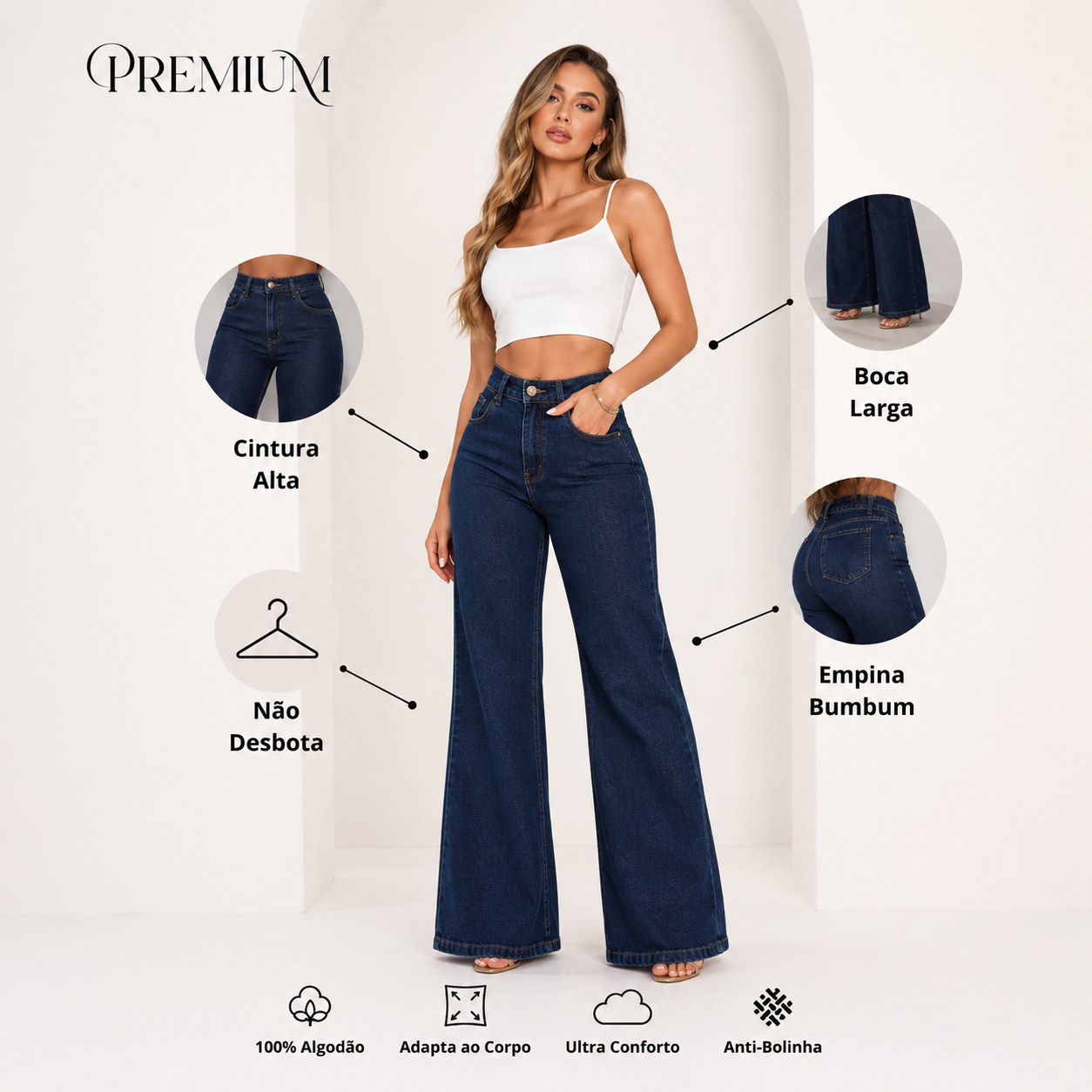 Calça Jeans Feminina Wide Leg Pantalona Premium Cintura Alta