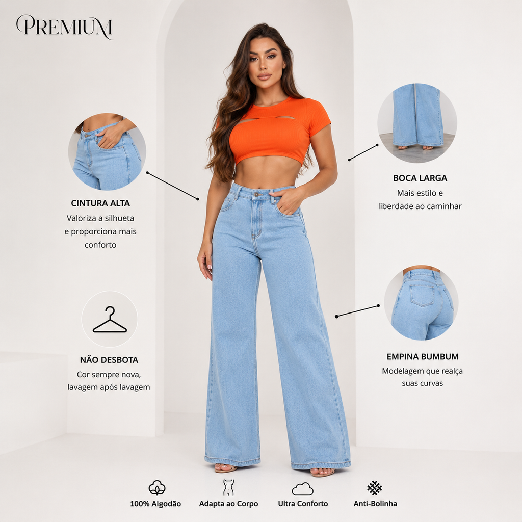Calça Jeans Feminina Wide Leg Pantalona Premium Cintura Alta