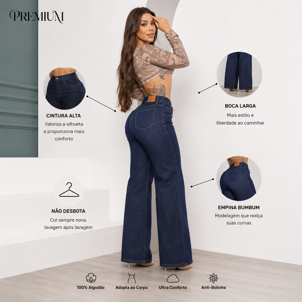 Calça Jeans Feminina Wide Leg Pantalona Premium Cintura Alta